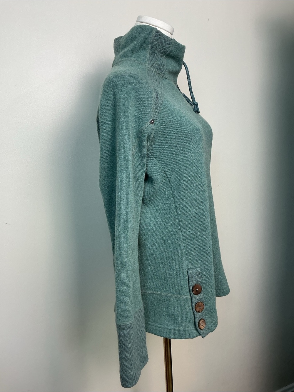 Prana Teal Lucia Wool Sweater Funnel Mock Neck Herringbone details Sz XL - Picture 2 of 8